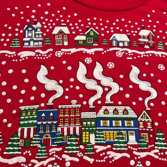 Vintage 90s Holiday Village Puffy Print Graphic Sweatshirt Winter Christmas Red - Picture 3 of 6